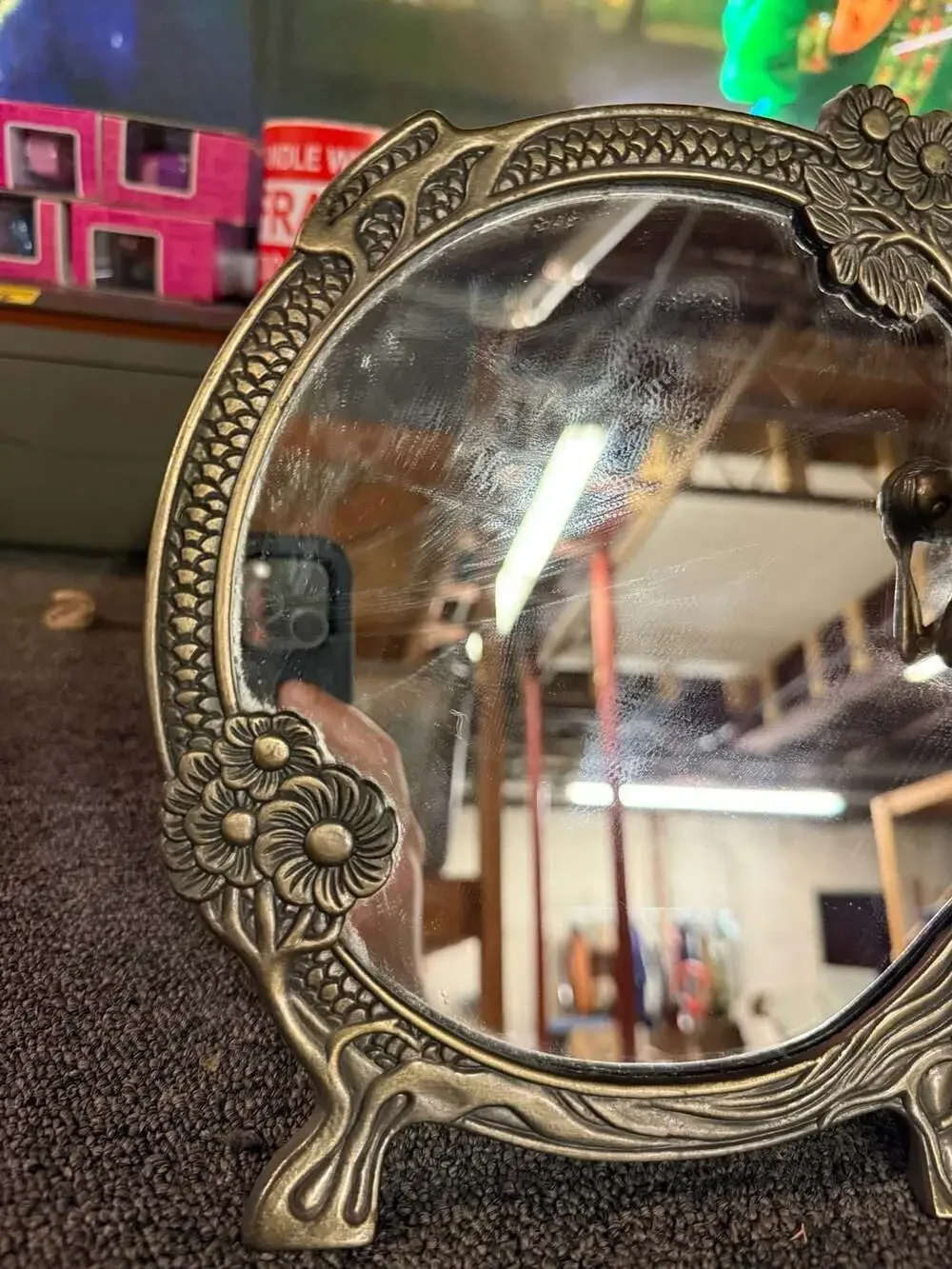 Vintage Art Nouveau Style Round Brass Finish Tabletop Vanity Mirror with Maiden